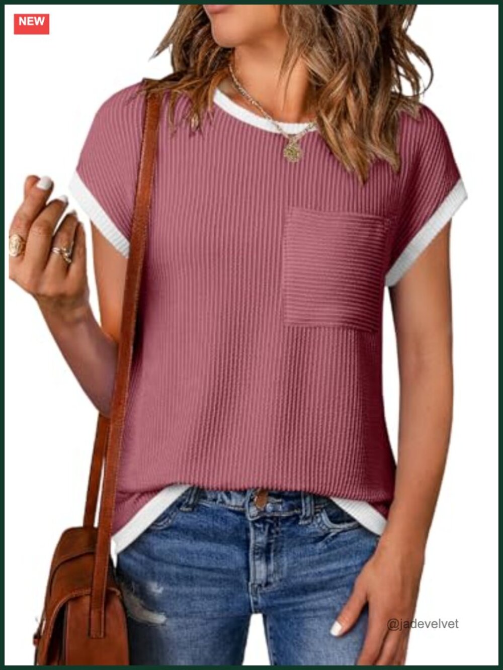 Short Sleeve Ribbed Knit T Shirt Crew Neck Color Block Casual Top
